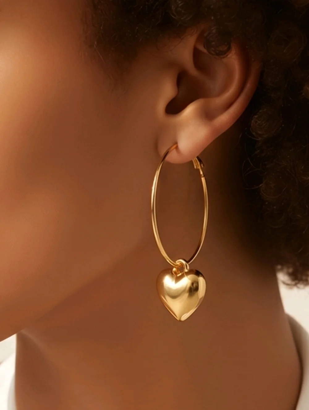 Gold Hoop Earrings Heart Charm 40mm Thin Hoops Leverback 18K Stainless Steel